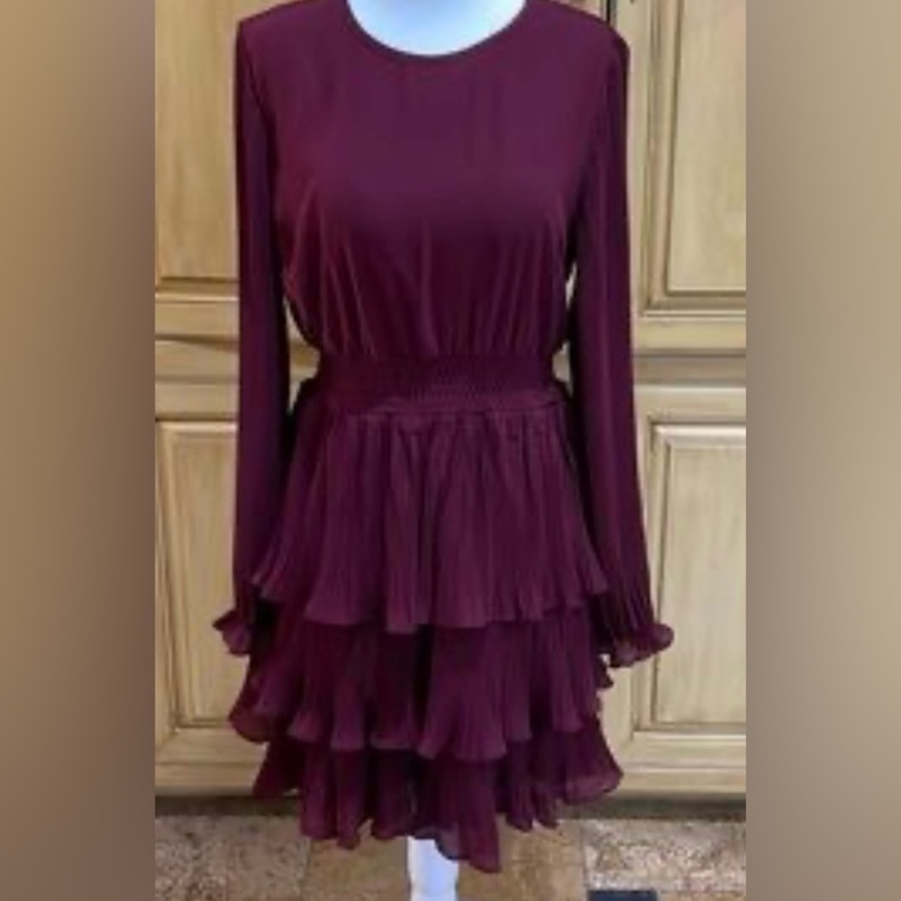 SHE + SKY LONG SLEEVE PLEATED RUFFLE DRESS IN “WINE”  19” PTP + STRETCH